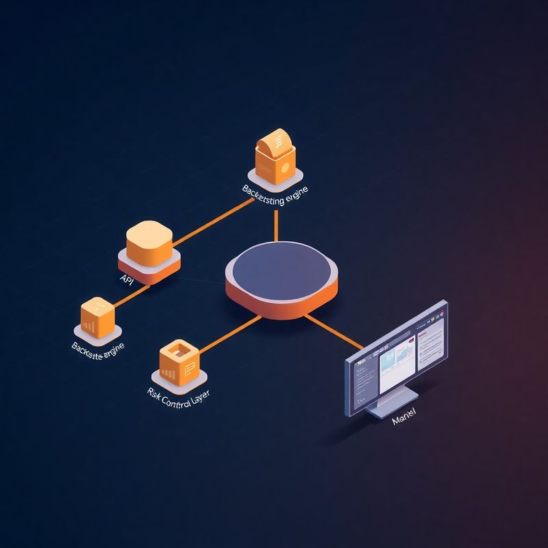Isometric diagram of five automation modules connected by data pipelines on a dark indigo background