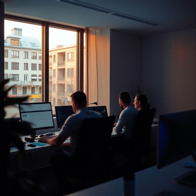 Small engineering team at workstations in an Iași studio with dual monitors showing broker dashboards