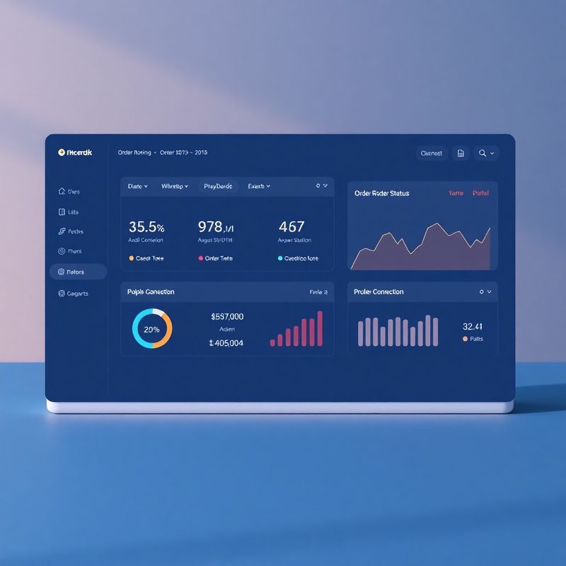 Minimal indigo dashboard mockup showing order routing status panels and broker connection indicators